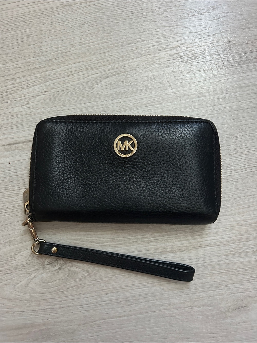 Michael Kors Black Pebbled Leather Wristlet with Gold Logo